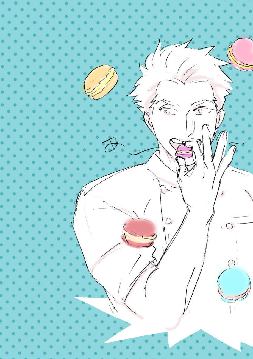 1boy absurdres blue_background chef_uniform food gindoro highres looking_to_the_side macaron male_focus original patissier_(gindoro) polka_dot polka_dot_background simple_background sleeves_rolled_up solo upper_body