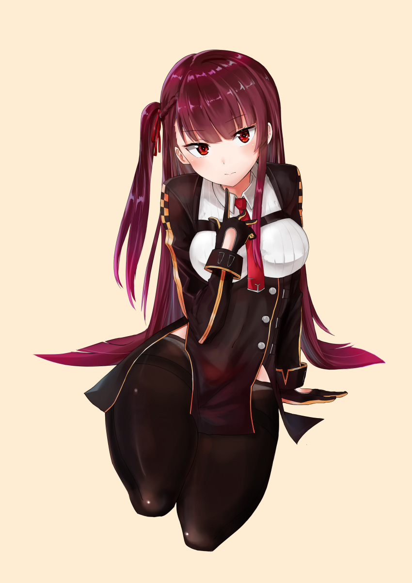 1girl absurdres arm_support bangs beige_background black_footwear black_gloves black_legwear black_skirt blazer blush breasts chocolate_hair closed_mouth collared_shirt eyebrows_visible_through_hair girls_frontline gloves hair_ribbon half_updo hand_on_own_chest head_tilt highres jacket large_breasts long_hair long_sleeves looking_at_viewer necktie one_side_up open_mouth panties pantyhose pantyshot purple_hair red_eyes red_neckwear red_ribbon ribbon shirt shoes side_ponytail simple_background siraele sitting skirt solo thighband_pantyhose tsundere underwear very_long_hair wa2000_(girls_frontline) white_panties