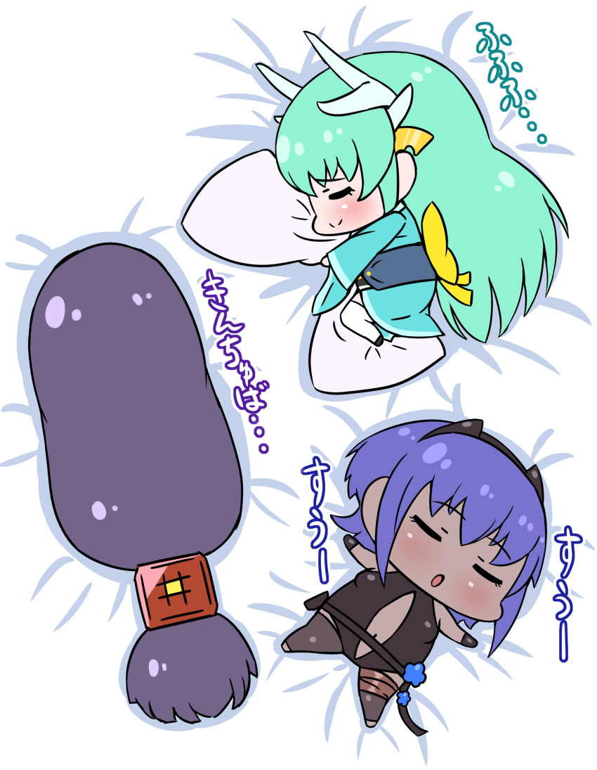 3girls absurdly_long_hair absurdres assassin_(fate/prototype_fragments) bangs bed black_gloves black_legwear black_leotard blue_hair blue_kimono blush chibi closed_mouth commentary_request dark_skin eyebrows_visible_through_hair facing_viewer fate/grand_order fate/prototype fate/prototype:_fragments_of_blue_and_silver fate_(series) gloves green_hair hair_ornament hairband highres horns japanese_clothes kimono kiyohime_(fate/grand_order) leotard long_hair low-tied_long_hair minamoto_no_raikou_(fate/grand_order) multiple_girls navel obi outstretched_arms parted_lips pillow pillow_hug purple_hair rei_(rei_rr) sash short_hair sleeping smile spread_arms thigh-highs translation_request very_long_hair white_legwear