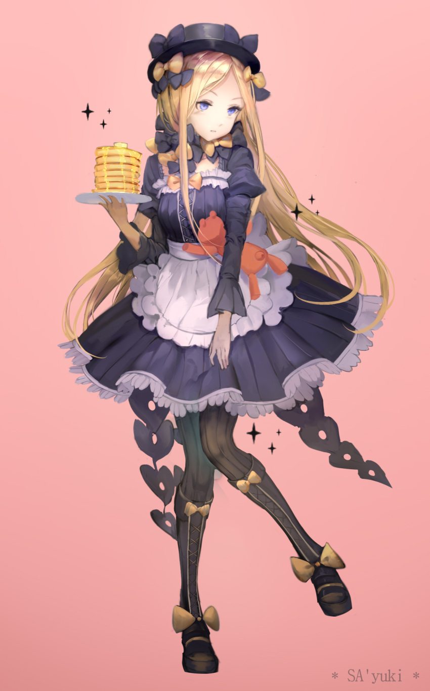 1girl abigail_williams_(fate/grand_order) alternate_costume apron artist_name bangs black_bow black_dress black_footwear black_hat black_legwear blonde_hair blue_eyes boots bow butter butterfly closed_mouth commentary_request cross-laced_footwear dress enmaided fate/grand_order fate_(series) food hair_bow hat highres holding holding_plate juliet_sleeves knee_boots lace-up_boots long_sleeves looking_to_the_side maid object_hug orange_bow pancake pantyhose parted_bangs pink_background plate polka_dot polka_dot_bow puffy_sleeves sa'yuki simple_background solo sparkle stack_of_pancakes striped striped_legwear stuffed_animal stuffed_toy teddy_bear vertical-striped_legwear vertical_stripes waist_apron white_apron