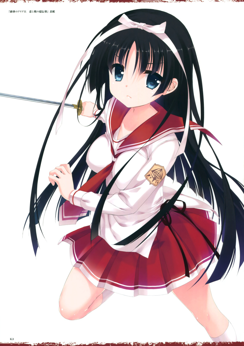 1girl absurdres bangs black_hair blue_eyes breasts character_request hidan_no_aria highres holding holding_sword holding_weapon kobuichi long_hair long_sleeves looking_at_viewer medium_breasts one_leg_raised pleated_skirt red_skirt scan school_uniform serafuku simple_background skirt socks solo sword translation_request weapon white_background white_legwear