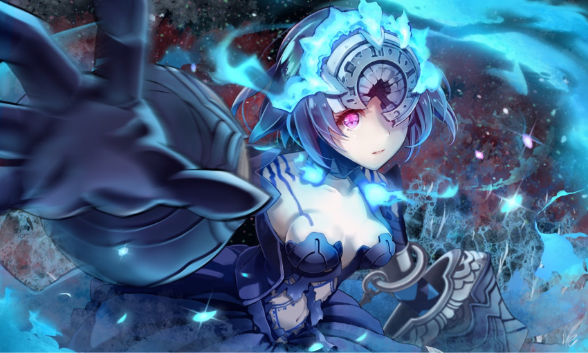 1girl alice_(sinoalice) blue_dress blue_gloves blue_hair blue_skirt breasts commentary_request dress gauntlets gloves glowing headpiece hoshizaki_reita looking_at_viewer medium_breasts motion_blur navel one_eye_covered parted_lips pleated_skirt reaching_out short_hair sinoalice skirt solo violet_eyes