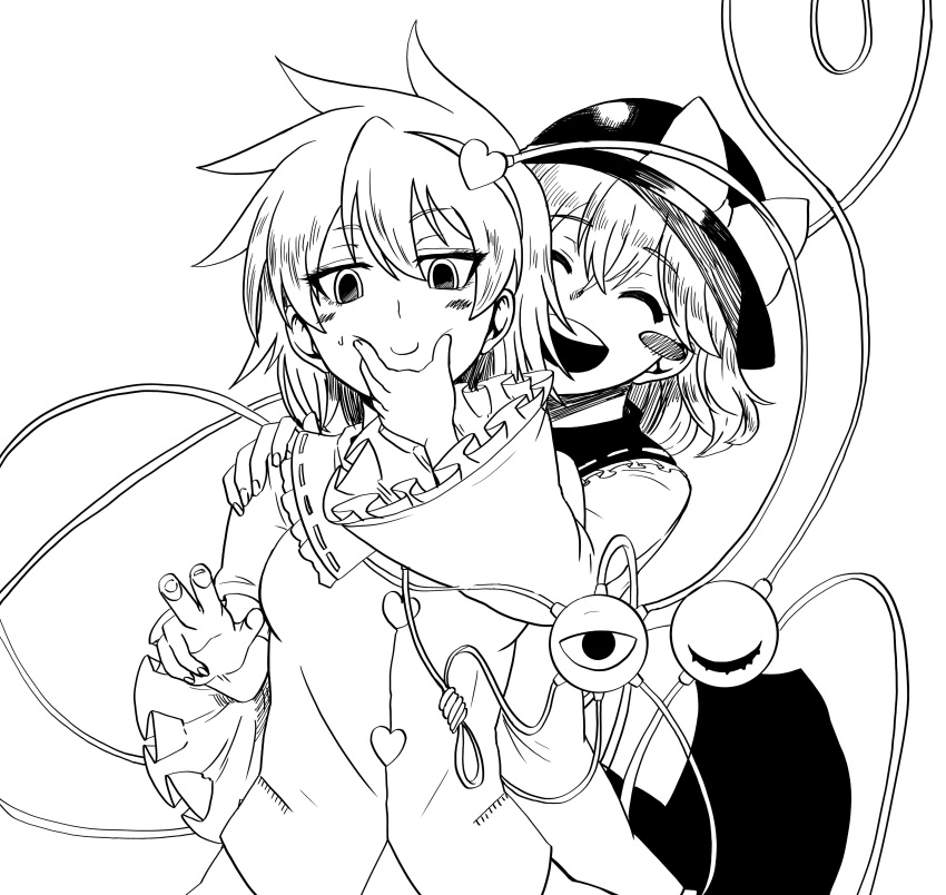 2girls :d absurdres bangs blush blush_stickers bow closed_eyes closed_mouth eyebrows_visible_through_hair greyscale hand_on_another's_face hat hat_bow heart highres himajin_no_izu komeiji_koishi komeiji_satori long_sleeves looking_at_viewer monochrome multiple_girls open_mouth short_hair simple_background smile sweat third_eye touhou white_background