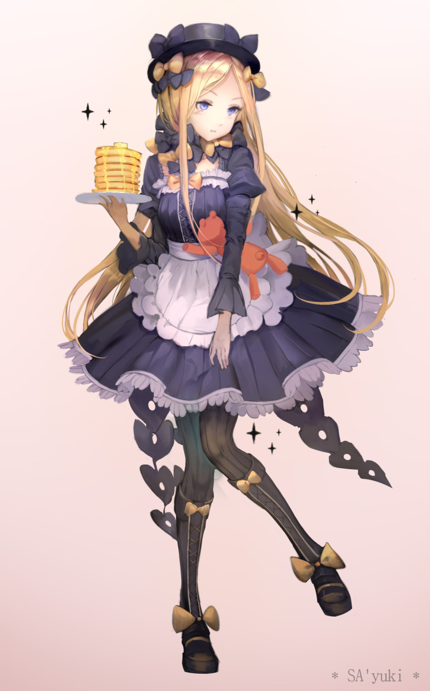 1girl abigail_williams_(fate/grand_order) alternate_costume apron artist_name bangs black_bow black_dress black_footwear black_hat black_legwear blonde_hair blue_eyes boots bow butter butterfly closed_mouth cross-laced_footwear dress enmaided fate/grand_order fate_(series) food hair_bow hat highres holding holding_plate juliet_sleeves knee_boots lace-up_boots long_sleeves looking_to_the_side maid object_hug orange_bow pancake pantyhose parted_bangs pink_background plate polka_dot polka_dot_bow puffy_sleeves sa'yuki simple_background solo sparkle stack_of_pancakes striped striped_legwear stuffed_animal stuffed_toy teddy_bear vertical-striped_legwear vertical_stripes waist_apron white_apron