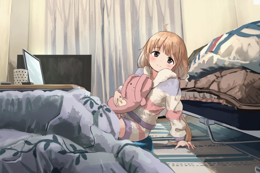 1girl ahoge arm_support bangs bed blanket blonde_hair blunt_bangs blush brown_eyes closed_mouth commentary_request computer cup curtains dot_nose eyebrows_visible_through_hair from_side futaba_anzu highres holding hood hoodie idolmaster idolmaster_cinderella_girls indoors kamemaru kotatsu laptop leaning_back long_hair long_sleeves looking_at_viewer low_twintails on_floor sitting solo table twintails