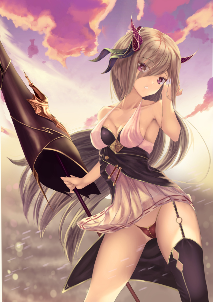 1girl :o absurdres adjusting_hair armpits bangs bare_arms bare_shoulders black_legwear blonde_hair blush clouds collarbone contrapposto dress eyebrows_visible_through_hair eyes_visible_through_hair garter_straps gradient_sky hair_over_one_eye hair_ribbon halter_dress hand_in_hair hand_up highres holding holding_weapon lance legs_apart long_hair looking_at_viewer motion_blur nekobell open_mouth original outdoors panties pantyshot pantyshot_(standing) pink_eyes polearm red_panties ribbon ribbon-trimmed_dress short_dress single_thighhigh sky sleeveless sleeveless_dress solo standing swept_bangs thigh-highs thighs underwear upskirt very_long_hair weapon white_dress