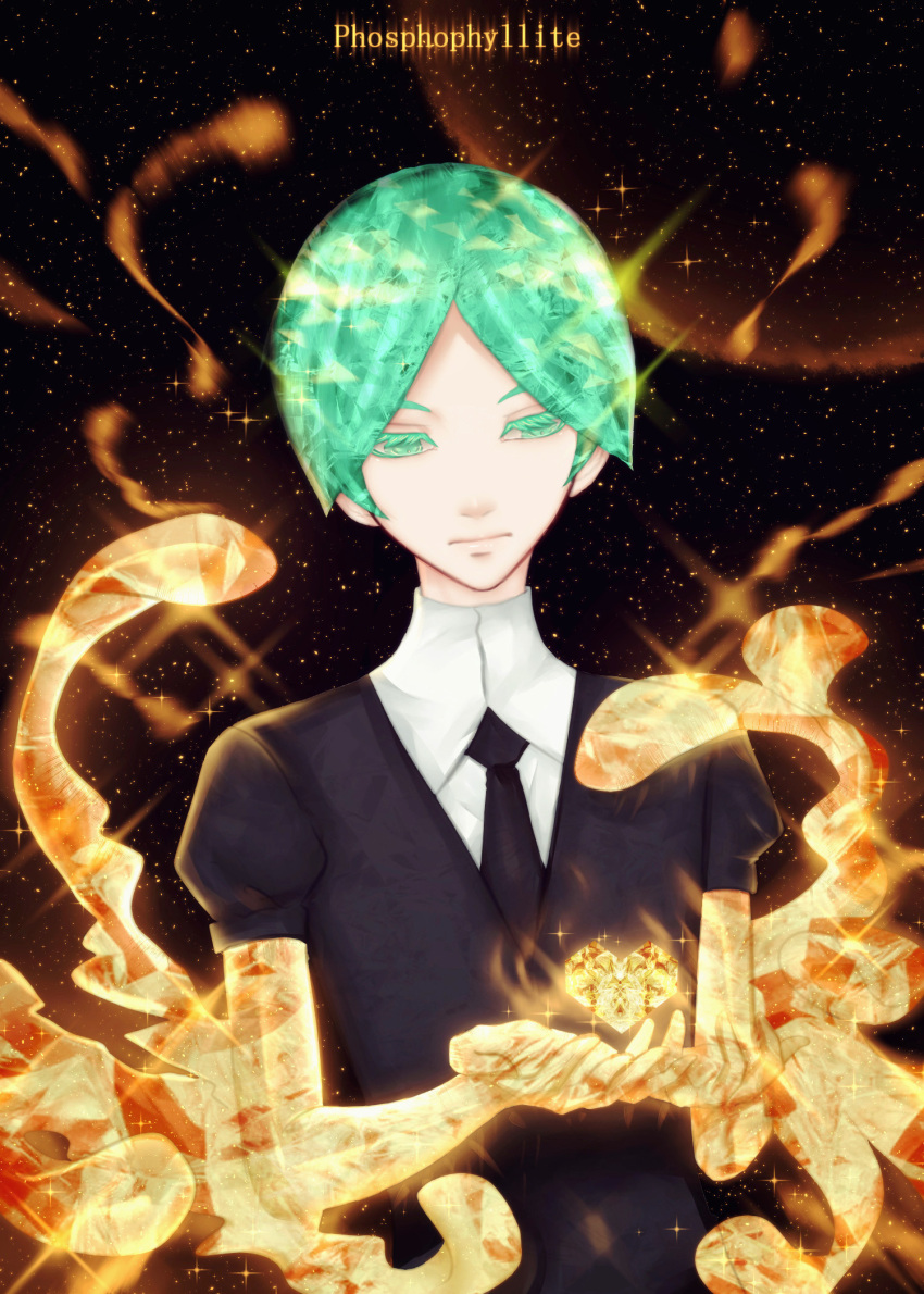 androgynous bangs black_neckwear black_shirt character_name closed_mouth collared_shirt commentary_request czy_(2894456992) expressionless green_eyes green_hair heart highres houseki_no_kuni necktie no_humans parted_bangs phosphophyllite puffy_short_sleeves puffy_sleeves shirt short_hair short_sleeves solo star starry_background white_shirt wing_collar