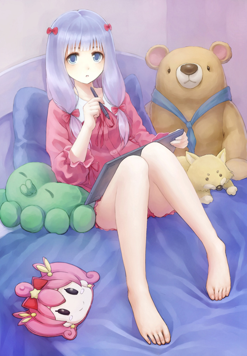 1girl absurdres bed blue_eyes bow eromanga_sensei francascofeng full_body hair_bow highres holding izumi_sagiri lavender_hair long_hair looking_at_viewer mask mask_removed on_bed parted_lips pillow pink_pajamas red_bow sitting solo stuffed_animal stuffed_fox stuffed_octopus stuffed_toy stylus tablet teddy_bear