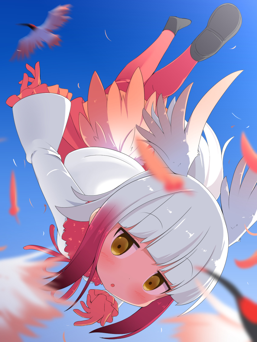 1girl :o bangs black_footwear blue_sky blunt_bangs blurry blush crested_ibis depth_of_field eyebrows_visible_through_hair feathers flying full_body fur_collar gloves gradient_hair head_wings highres japanese_crested_ibis japanese_crested_ibis_(kemono_friends) kemono_friends long_sleeves looking_at_viewer makuran multicolored_hair pantyhose pleated_skirt pleated_sleeves red_gloves red_legwear red_skirt redhead skirt sky solo tail_feathers upside-down white_hair yellow_eyes