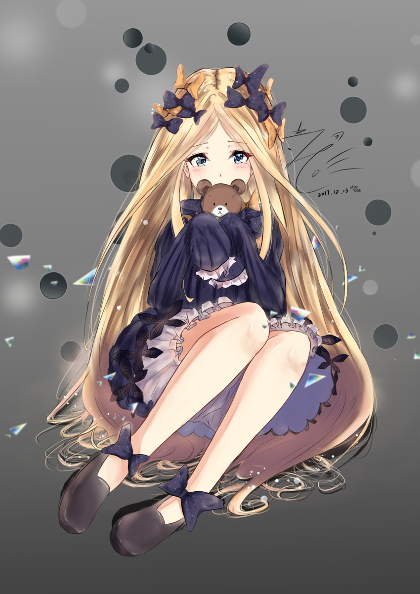 1girl abigail_williams_(fate/grand_order) bangs black_bow black_dress black_footwear blonde_hair bloomers blue_eyes blush bow butterfly covered_mouth dated dress eyebrows_visible_through_hair fate/grand_order fate_(series) grey_background hair_bow highres holding holding_stuffed_animal long_hair long_sleeves looking_at_viewer no_hat no_headwear orange_bow parted_bangs polka_dot polka_dot_bow signature sitting sleeves_past_wrists solo stuffed_animal stuffed_toy teddy_bear teratsuki underwear very_long_hair white_bloomers