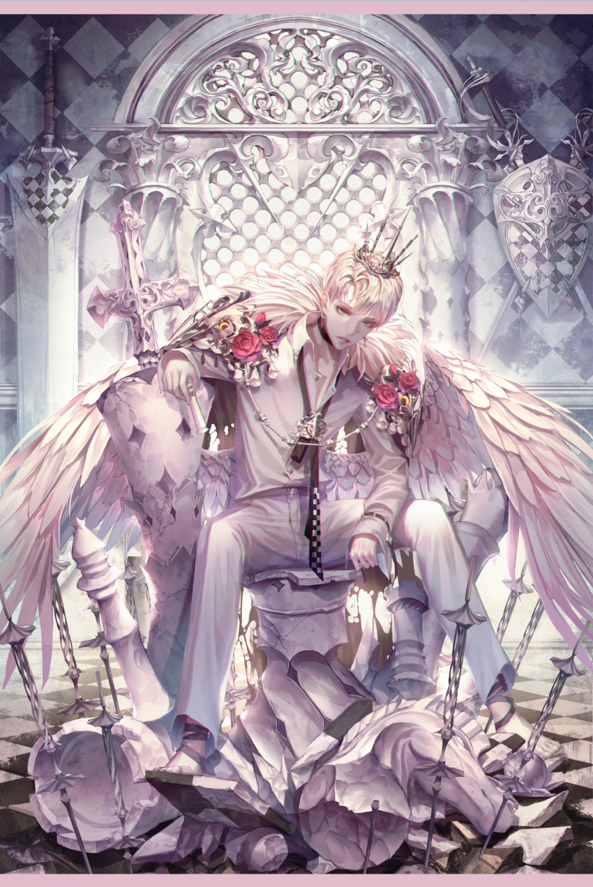 1boy bandaged_feet barefoot border crown feathered_wings flower full_body highres loose_necktie low_wings male_focus necktie original pants pillar red_rose rose ruins seol shield shirt solo spread_legs sword weapon white_feathers white_hair white_pants white_shirt wings