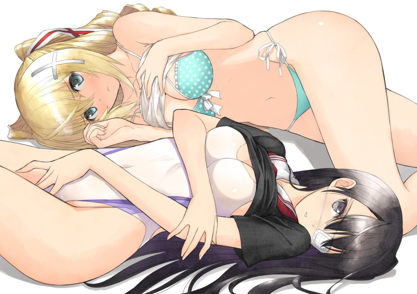 2girls bikini black_hair blonde_hair blue_bikini blue_eyes breast_hold breasts camisole character_request cleavage closed_mouth competition_swimsuit covered_navel cowboy_shot eyebrows_visible_through_hair eyepatch front-tie_bikini front-tie_top grey_eyes hair_between_eyes hair_ornament hair_ribbon hand_on_own_chest head_tilt highres impossible_clothes impossible_swimsuit leg_up looking_at_viewer lying medical_eyepatch medium_breasts multiple_girls navel on_side one-piece_swimsuit one_side_up parted_lips polka_dot polka_dot_bikini ribbon sailor_collar sailor_shirt shirt shirt_lift short_sleeves side-tie_bikini simple_background sister_blood strap_slip swimsuit tanaka_takayuki two_side_up white_background white_swimsuit