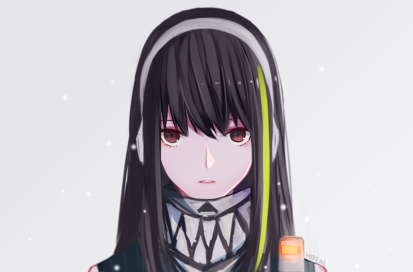 1girl artist_name black_eyes black_hair expressionless girls_frontline glowing grey_background grey_neckwear headphones hirein jacket long_hair looking_at_viewer m4a1_(girls_frontline) multicolored_hair parted_lips radio_antenna scarf snow snowing streaked_hair walkie-talkie