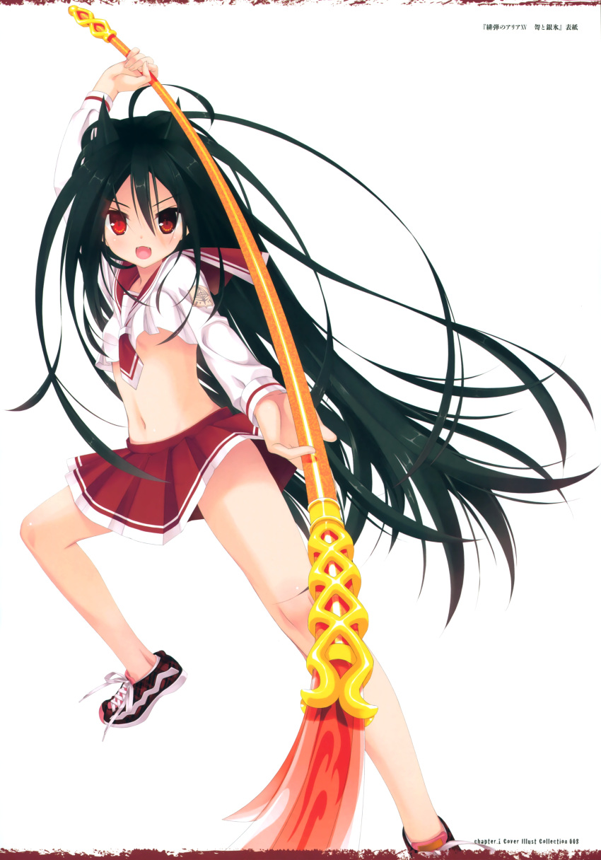 1girl absurdres bangs black_hair breasts character_request hidan_no_aria highres holding holding_weapon kobuichi long_hair looking_at_viewer midriff naginata navel official_art open_mouth page_number pleated_skirt polearm red_eyes red_skirt scan school_uniform serafuku shoes skirt small_breasts smile sneakers solo very_long_hair weapon