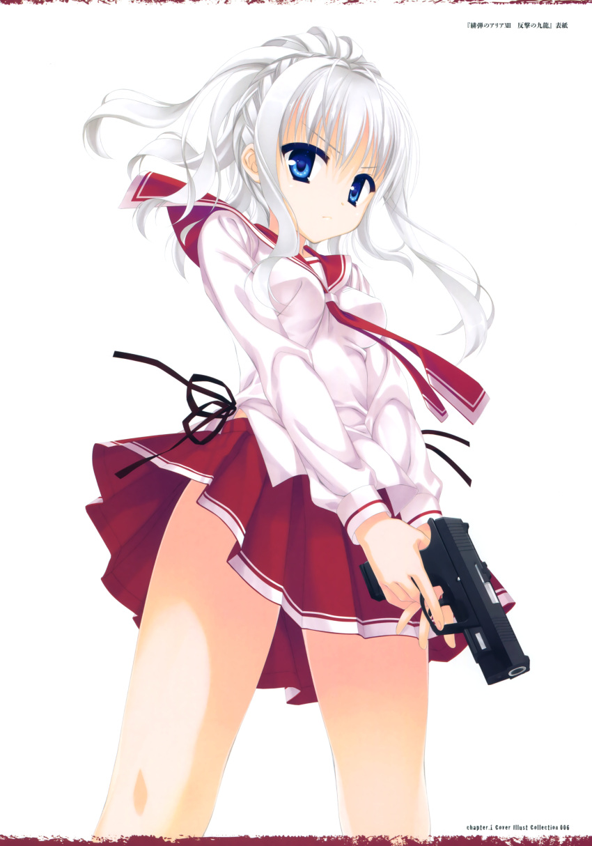 1girl absurdres bangs blue_eyes breasts gun handgun hidan_no_aria highres holding holding_weapon jeanne_d'arc_(hidan_no_aria) kobuichi long_hair long_sleeves looking_at_viewer medium_breasts official_art page_number pleated_skirt red_skirt scan school_uniform serafuku serious simple_background skirt trigger_discipline weapon white_background white_hair