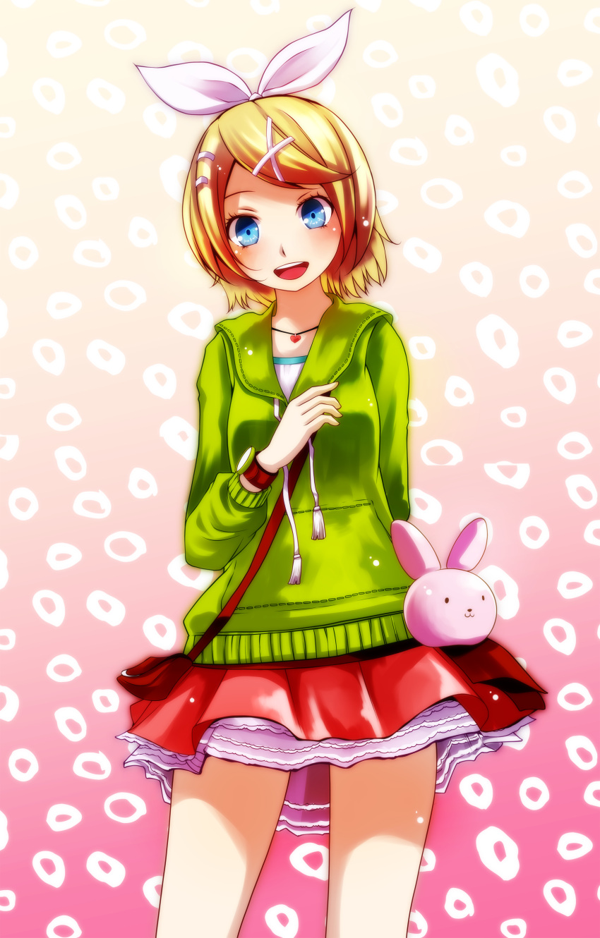 1girl :d absurdres arm_behind_back blonde_hair blue_eyes blush cowboy_shot drawstring gradient gradient_background green_hoodie hair_ornament hair_ribbon heart heart_necklace highres hood hoodie jewelry kagamine_rin melancholic_(vocaloid) necklace open_mouth project_diva_(series) ribbon short_hair skirt smile solo tsukishiro_saika violet_eyes vocaloid white_ribbon x_hair_ornament
