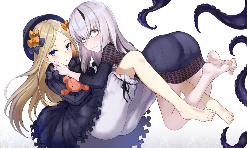 2girls :o abigail_williams_(fate/grand_order) bangs barefoot black_bow black_dress black_hat blonde_hair bloomers blue_eyes bow butterfly closed_mouth commentary_request dress error eyebrows_visible_through_hair fate/grand_order fate_(series) hair_between_eyes hair_bow hand_on_another's_cheek hand_on_another's_face hands_in_sleeves hat highres horn jirusu lavinia_whateley_(fate/grand_order) long_hair long_sleeves looking_at_viewer looking_to_the_side multiple_girls object_hug orange_bow pale_skin parted_bangs parted_lips polka_dot polka_dot_bow simple_background stuffed_animal stuffed_toy suction_cups teddy_bear tentacle underwear very_long_hair violet_eyes white_background white_bloomers white_hair wide-eyed wrong_feet