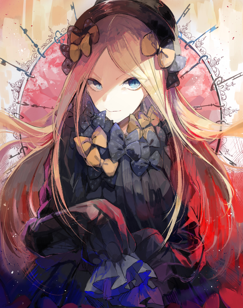 1girl abigail_williams_(fate/grand_order) bangs black_bow black_dress black_hat blonde_hair blue_eyes bow butterfly closed_mouth commentary_request dress eyebrows_visible_through_hair ezu_(e104mjd) fate/grand_order fate_(series) hair_bow hat highres key long_hair long_sleeves looking_at_viewer orange_bow parted_bangs polka_dot polka_dot_bow sleeves_past_wrists solo v-shaped_eyebrows very_long_hair