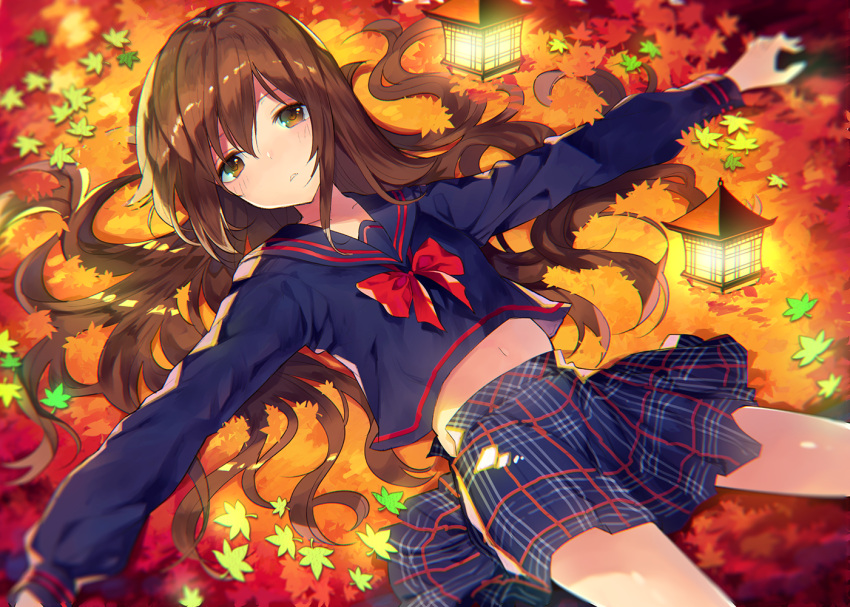 1girl autumn autumn_leaves bangs blurry blush bow bowtie brown_eyes brown_hair depth_of_field eyebrows_visible_through_hair long_hair long_sleeves looking_at_viewer lying navel on_back original red_bow rugo school_uniform sidelocks solo