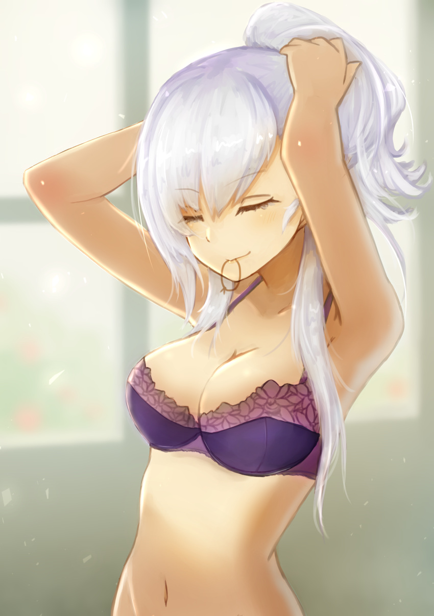 1girl absurdres alternate_hairstyle armpits arms_behind_head arms_up azur_lane bangs belfast_(azur_lane) blurry blurry_background blush bra breasts cleavage closed_eyes closed_mouth depth_of_field eyebrows_visible_through_hair hair_tie hairdressing highres long_hair medium_breasts mouth_hold navel ponytail purple_bra shiny shiny_hair stomach suppressor underwear underwear_only upper_body window