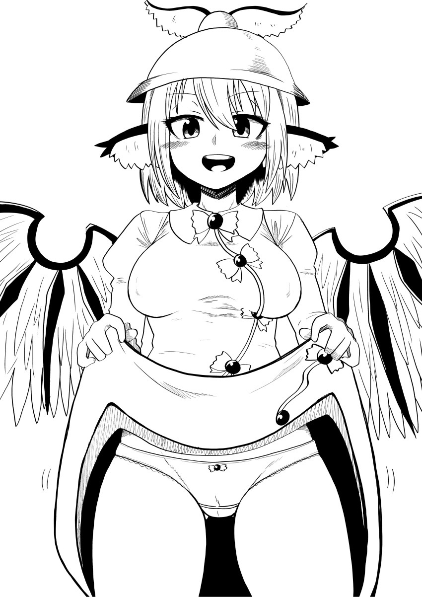 1girl :d absurdres animal_ears blush breasts commentary_request cowboy_shot erect_nipples gluteal_fold greyscale hat highres himajin_no_izu juliet_sleeves lifted_by_self long_sleeves looking_at_viewer medium_breasts monochrome mystia_lorelei open_mouth panties puffy_sleeves short_hair simple_background smile solo touhou underwear white_background wings