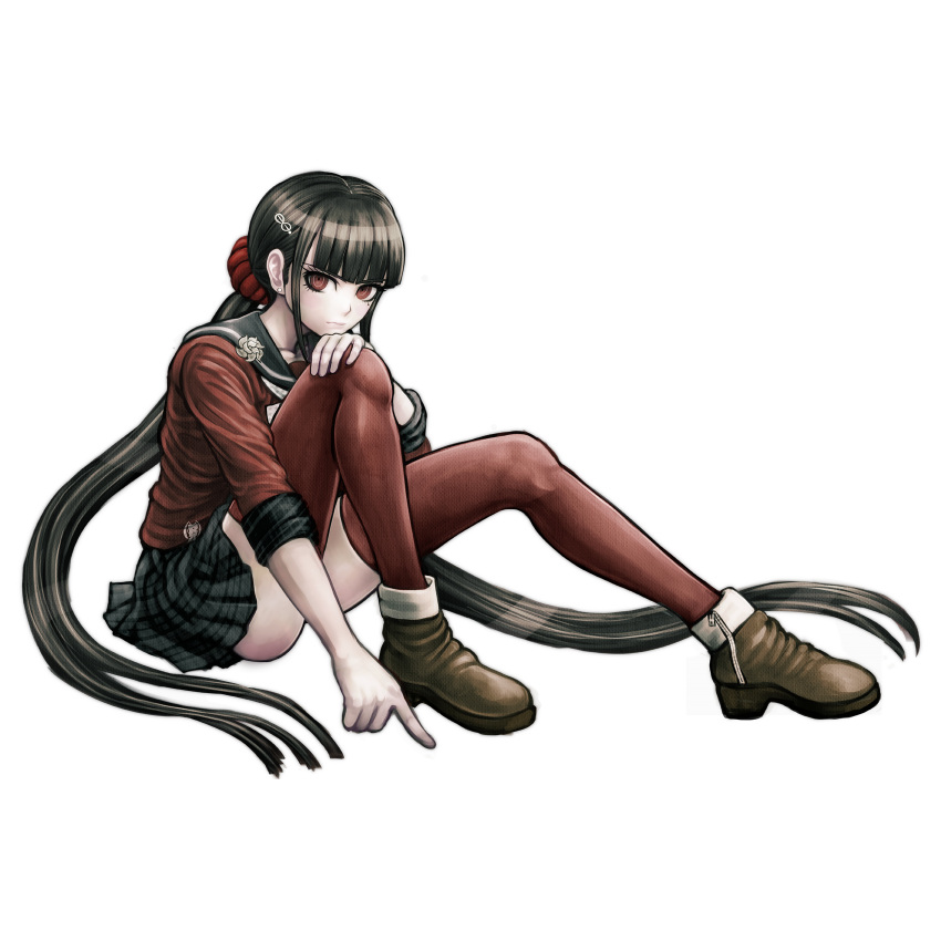 1girl ankle_boots bangs black_hair blunt_bangs boots dangan_ronpa hair_ornament hairclip harukawa_maki highres komatsuzaki_rui long_hair looking_at_viewer low_twintails mole mole_under_eye new_dangan_ronpa_v3 official_art plaid plaid_skirt pleated_skirt red_eyes red_legwear school_uniform scrunchie serafuku serious shirt skirt solo thigh-highs twintails very_long_hair