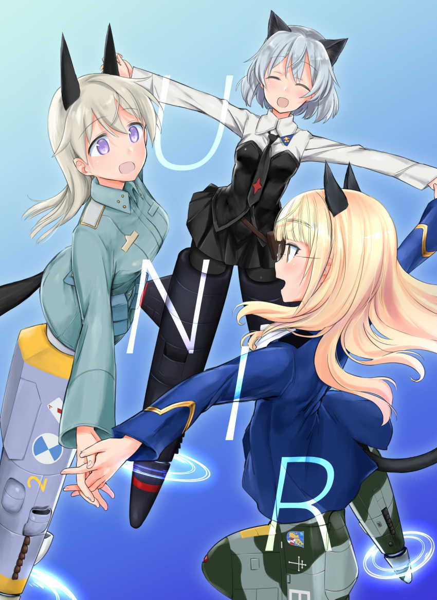 3g45 animal_ears aohashi_ame bangs black_legwear black_shirt black_skirt blonde_hair blue_background blue_jacket blunt_bangs collared_shirt commentary_request eila_ilmatar_juutilainen eyebrows_visible_through_hair glasses gradient gradient_background grey_hair highres holding_hands interlocked_fingers jacket long_hair long_sleeves looking_at_another military military_uniform miniskirt necktie open_mouth pantyhose perrine_h._clostermann pleated_skirt sanya_v._litvyak shirt short_hair silver_hair skirt smile strike_witches striker_unit tail uniform violet_eyes world_witches_series