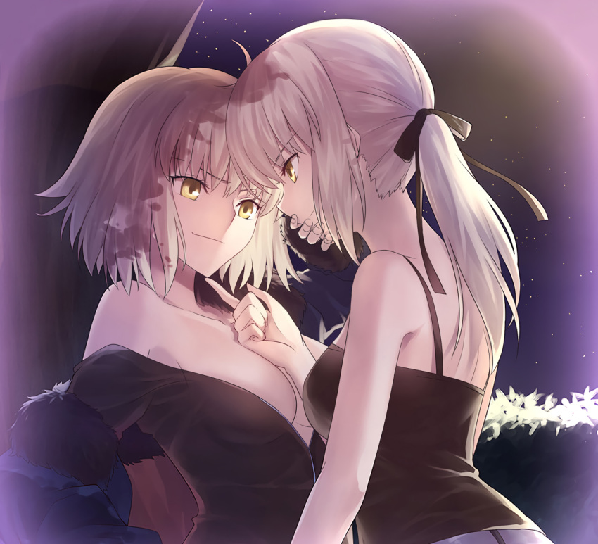 2girls against_tree ahoge artoria_pendragon_(all) breasts camisole cleavage closed_mouth eyebrows_visible_through_hair fate/grand_order fate_(series) fur_trim hair_ribbon hand_on_another's_mouth jeanne_d'arc_(alter)_(fate) jeanne_d'arc_(fate)_(all) kazucha light_brown_hair low_ponytail medium_breasts multiple_girls night off_shoulder outdoors ribbon saber_alter short_hair small_breasts smirk tree yellow_eyes yuri