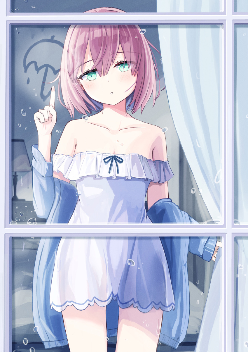 1girl blue_jacket blue_ribbon blush bob_cut breasts collarbone dress enokitake green_eyes hair_between_eyes highres jacket long_hair looking_at_viewer off-shoulder_dress off_shoulder original pink_hair rain ribbon small_breasts solo standing through_window white_dress window