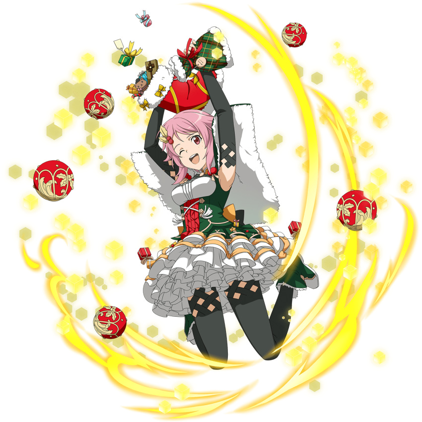 1girl ;d armpits arms_up black_legwear box capelet detached_sleeves dress gift gift_box green_footwear hair_ornament highres layered_dress lisbeth one_eye_closed open_mouth pink_hair red_eyes short_hair_with_long_locks sidelocks sleeveless sleeveless_dress smile solo sword_art_online thigh-highs transparent_background