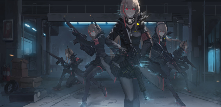 5girls android assault_rifle eotech girls_frontline glowing glowing_eyes gun headgear highres jacket kneeling long_hair looking_at_viewer m4_carbine m4_sopmod_ii_(girls_frontline) magazine_pouch mechanical_arm multicolored_hair multiple_girls multiple_persona pantyhose pink_hair ponytail red_eyes rifle scarf streaked_hair trigger_discipline weapon xukong