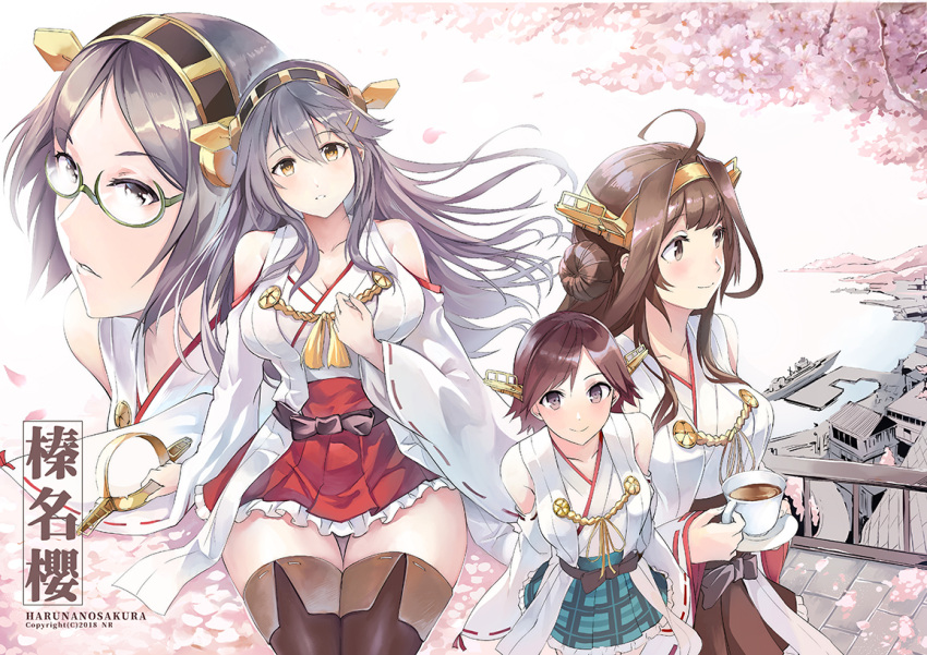 4girls ahoge armpit_peek bangs bare_shoulders battleship black_hair blue_eyes blush boots breasts bridge brown_eyes brown_hair brown_legwear cherry_blossoms cleavage closed_eyes collarbone cup detached_sleeves devildogs dock double_bun epaulettes eyebrows_visible_through_hair flipped_hair from_above from_side glasses green-framed_eyewear green_skirt hair_between_eyes hair_ornament hairband hairclip hand_on_own_chest haruna_(kantai_collection) head_tilt headgear hiei_(kantai_collection) holding holding_cup holding_headgear holding_saucer japanese_clothes kantai_collection kirishima_(kantai_collection) kongou_(kantai_collection) large_breasts long_hair looking_at_viewer looking_away military military_vehicle multiple_girls nontraditional_miko ocean open_mouth parted_bangs parted_lips petals plaid remodel_(kantai_collection) saucer ship short_hair sidelocks sitting skirt smile solo standing tea teacup thigh-highs thigh_boots thighs tree warship watercraft zettai_ryouiki