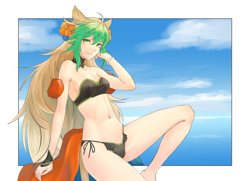 ahoge archer_of_red bikini blonde_hair blue_sky bracelet breasts clouds detached_collar fate/apocrypha fate_(series) flower green_eyes groin hair_flower hair_ornament hand_in_hair highres hikichi_sakuya jewelry long_hair looking_at_viewer multicolored_hair navel outside_border side-tie_bikini sky small_breasts smile spread_legs swimsuit thighs white_border