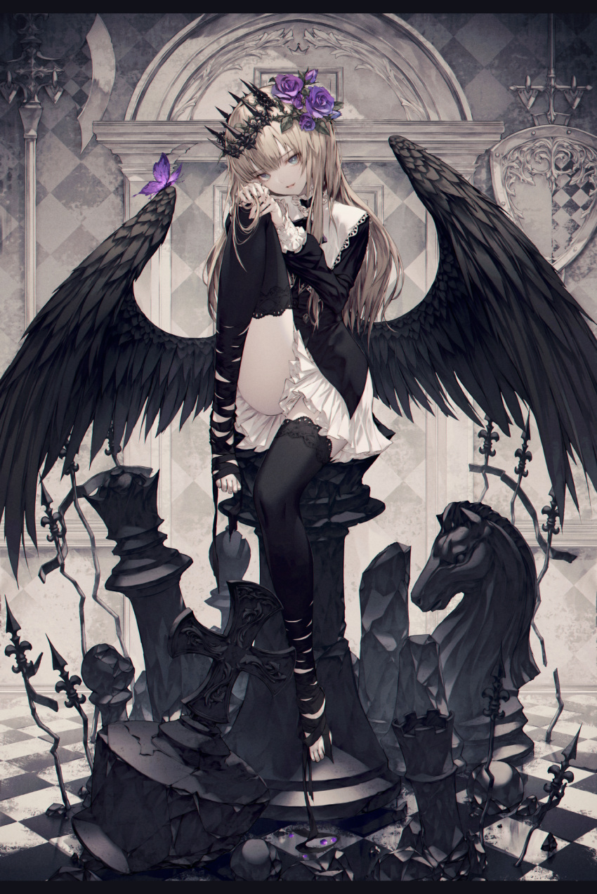 1girl black_legwear black_wings board_game brown_hair butterfly checkered checkered_floor chess chess_piece crown flower frills full_body grey_eyes hair_flower hair_ornament hand_on_own_knee highres long_hair long_sleeves looking_at_viewer original purple_rose rose sitting solo wanke weapon wings