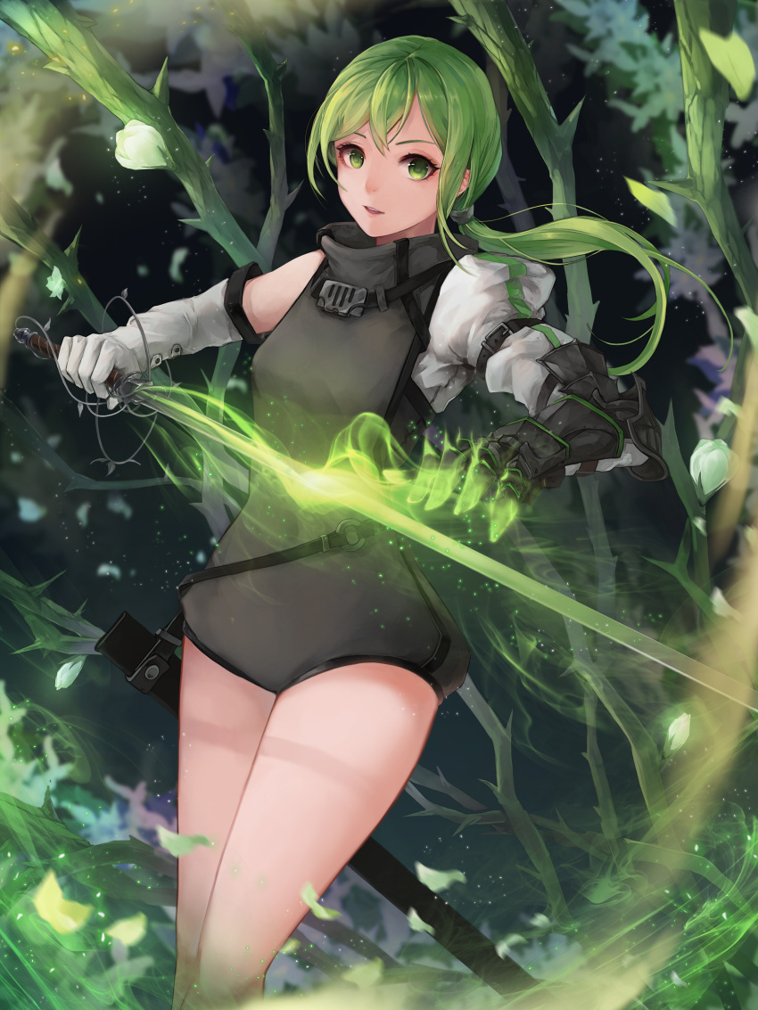 1girl absurdres arm_belt crystalherb elbow_gloves flower gauntlets gloves green_eyes green_hair highres holding holding_sword holding_weapon knight long_hair looking_at_viewer magic original outdoors pontyail sheath solo sword thorns weapon white_gloves