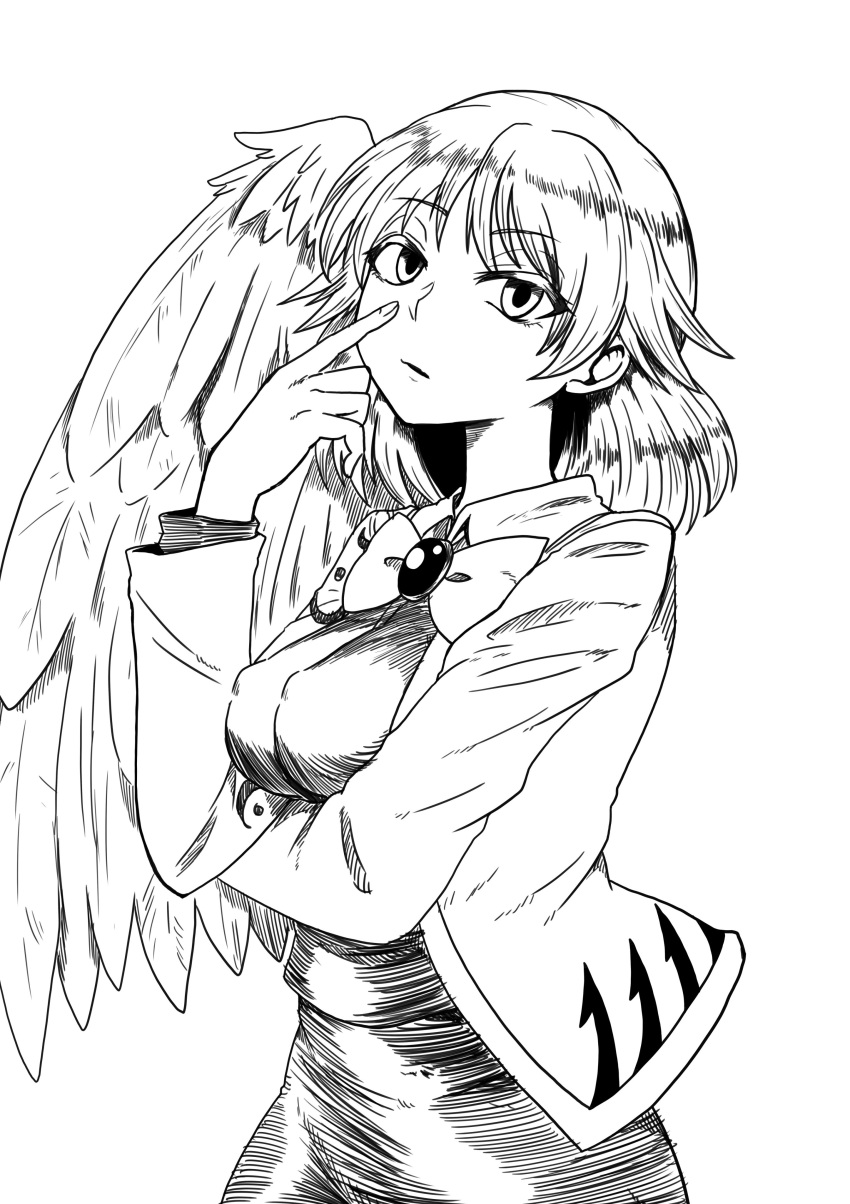1girl absurdres bangs bow bowtie breasts cowboy_shot erect_nipples eyebrows_visible_through_hair feathered_wings greyscale hand_up highres himajin_no_izu jacket kishin_sagume long_sleeves looking_at_viewer medium_breasts monochrome open_clothes open_jacket parted_lips short_hair simple_background single_wing solo touhou white_background wings