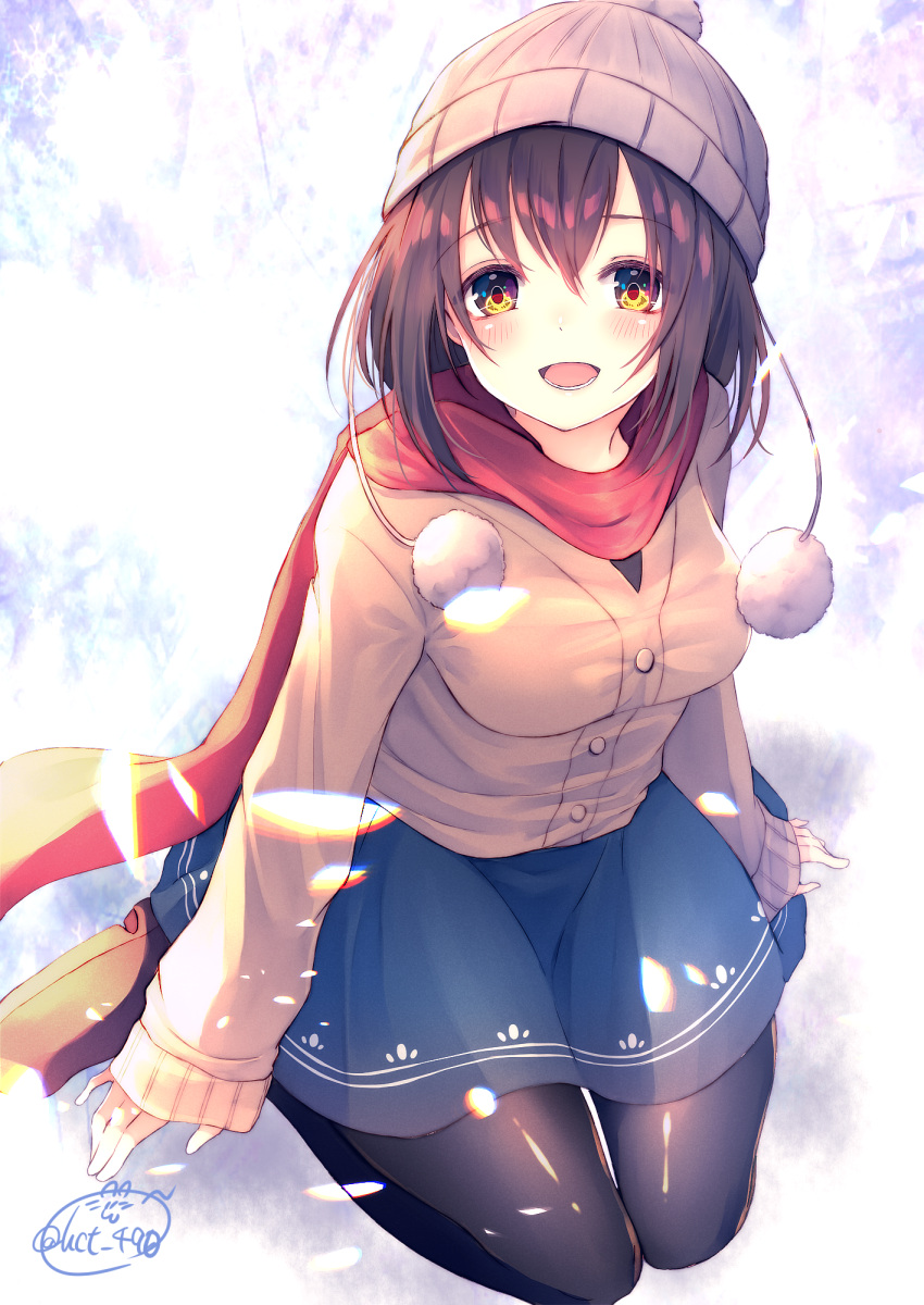 1girl :d black_hair black_legwear chita_(ketchup) commentary_request from_above hat highres looking_at_viewer looking_up open_mouth orange_eyes original scarf short_hair signature sitting smile snow snowing solo sweater wariza