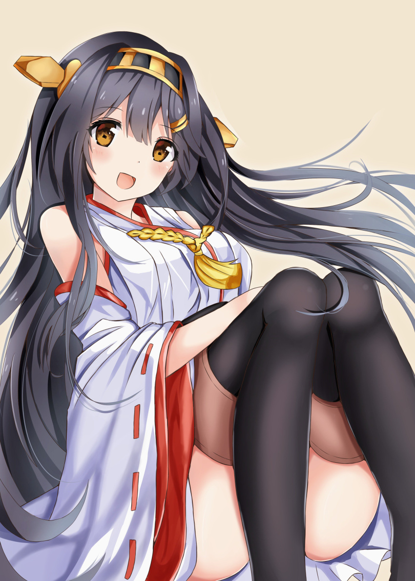 1girl absurdres aihime_riyo bare_shoulders black_hair black_legwear boots brown_background brown_eyes full_body hairband haruna_(kantai_collection) headgear highres kantai_collection long_hair looking_at_viewer nontraditional_miko open_mouth ribbon-trimmed_sleeves ribbon_trim simple_background sitting smile solo thigh-highs thigh_boots wide_sleeves