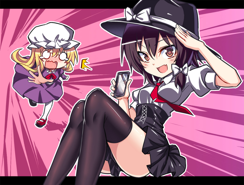 2girls black_legwear black_skirt blonde_hair bow breasts brown_eyes brown_hair cellphone commentary_request dress fang fangs fedora hair_bow hat hat_bow holding holding_phone juliet_sleeves koissa letterboxed long_hair long_sleeves maribel_hearn mob_cap multiple_girls neck_ribbon necktie noya_makoto_(style) open_mouth phone puffy_short_sleeves puffy_sleeves purple_dress red_neckwear ribbon salute shirt short_hair short_sleeves skirt small_breasts smartphone smile tears thigh-highs touhou translation_request usami_renko white_bow white_legwear white_shirt
