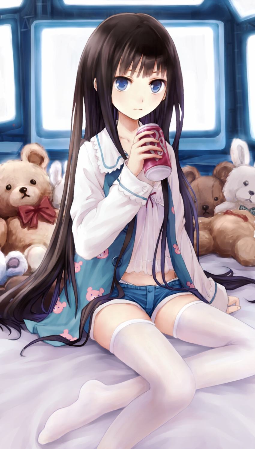 1girl animal_print blue_eyes blue_shorts blush brown_hair bunny_print can closed_mouth collarbone dr_pepper francascofeng highres holding holding_can kami-sama_no_memo-chou long_hair long_sleeves looking_at_viewer shionji_yuuko shirt short_shorts shorts sitting sleeves_past_wrists solo stuffed_animal stuffed_bunny stuffed_toy teddy_bear television thigh-highs very_long_hair white_legwear