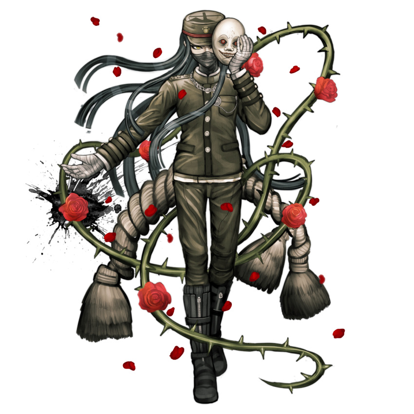 1boy androgynous bandage bandaged_hands black_hair boots dangan_ronpa flower gakuran hat highres holding holding_mask komatsuzaki_rui long_hair looking_at_viewer male_focus mask new_dangan_ronpa_v3 official_art peaked_cap petals plant red_rose rose school_uniform shinguuji_korekiyo solo thorns vines yellow_eyes