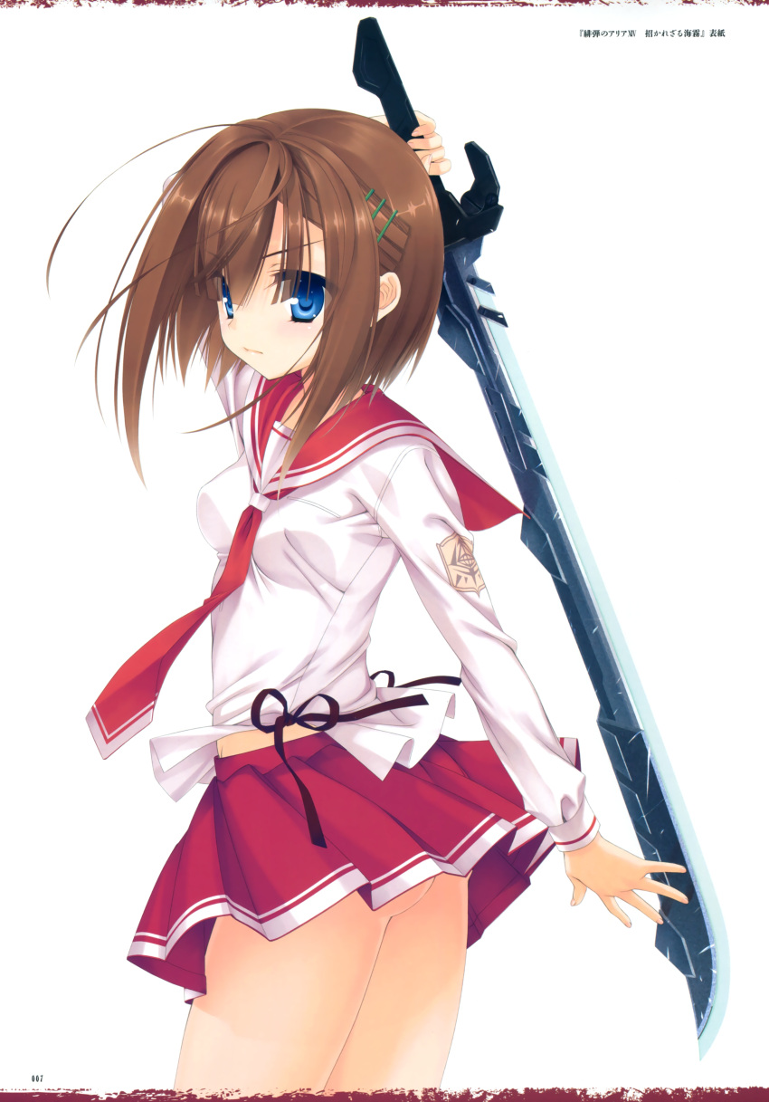 1girl absurdres ass bangs blue_eyes breasts brown_hair character_request eyebrows_visible_through_hair hair_ornament hairclip hidan_no_aria highres holding holding_sword holding_weapon kobuichi long_sleeves looking_at_viewer official_art page_number pleated_skirt red_skirt scan school_uniform serious short_hair skirt small_breasts sword twisted_torso weapon