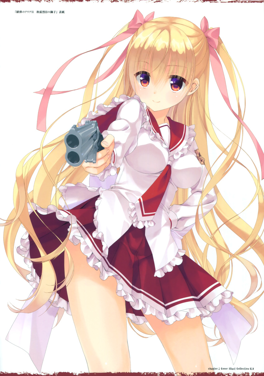 1girl absurdres blonde_hair bow breasts character_request frills gun hair_bow hand_on_hip hidan_no_aria highres holding holding_weapon kobuichi long_sleeves looking_at_viewer medium_breasts pleated_skirt red_eyes scan school_uniform serafuku simple_background skirt smile solo translation_request twintails weapon white_background