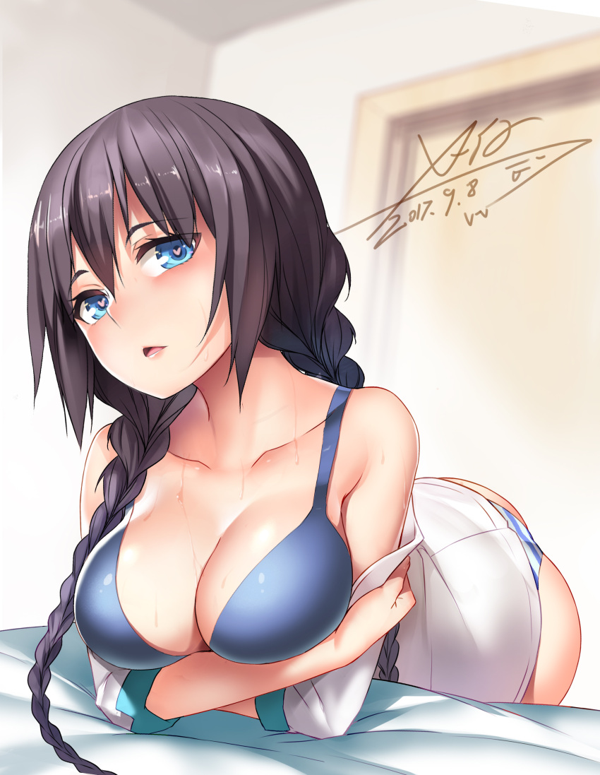 1girl absurdres ass bare_shoulders black_hair blue_bra blue_eyes blush bra braid breast_hold breasts dated door heart heart-shaped_pupils highres large_breasts long_hair looking_at_viewer off_shoulder open_mouth original panties signature solo striped striped_panties symbol-shaped_pupils twin_braids underwear x-boy
