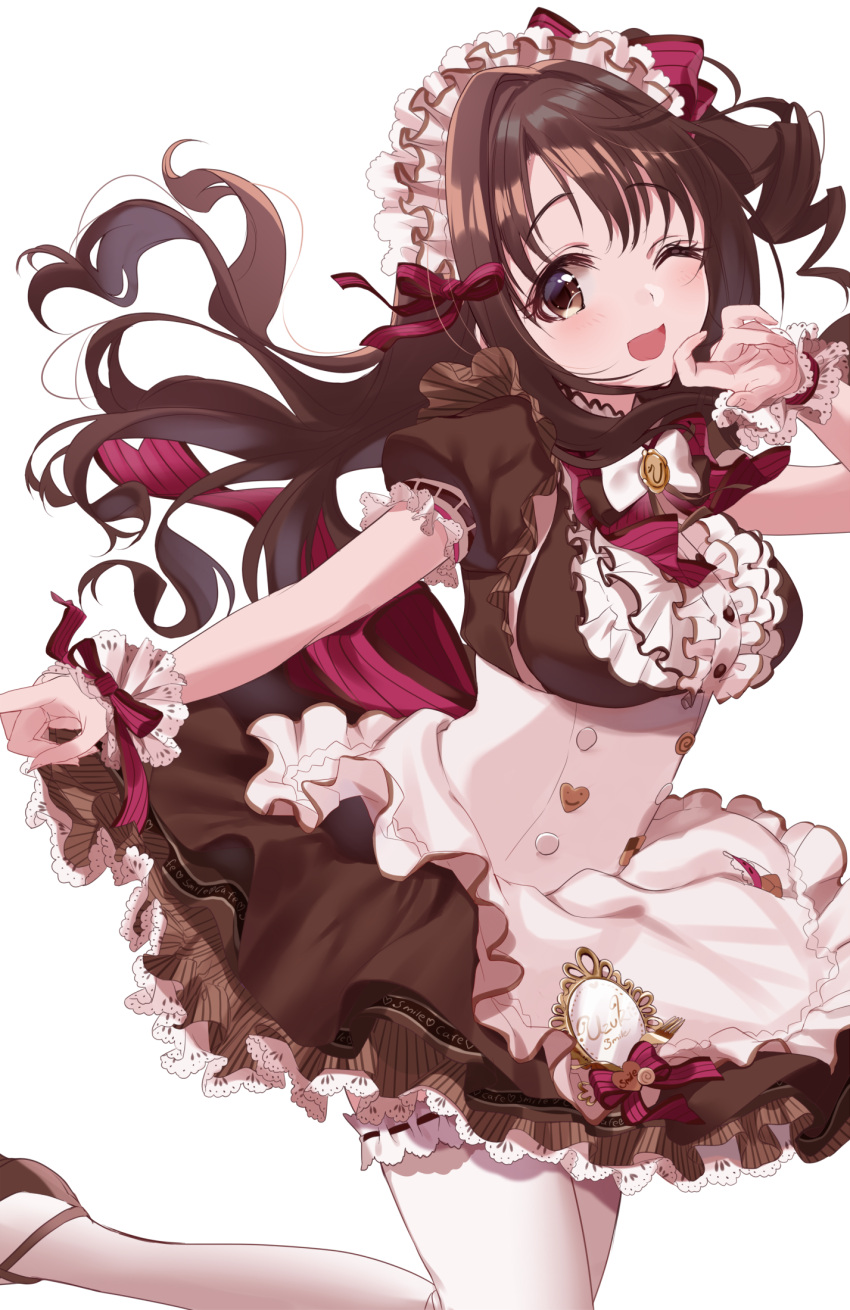 1girl apron black_dress black_footwear bow bracelet commentary_request dress drill_hair eyebrows_visible_through_hair hair_ribbon heart highres idolmaster idolmaster_cinderella_girls jewelry long_hair looking_at_viewer maid maid_apron maid_headdress one_eye_closed red_bow red_ribbon ribbon shimamura_uzuki shiny shiny_hair short_sleeves simple_background sinsihukunokonaka solo thigh-highs white_apron white_background white_legwear zettai_ryouiki