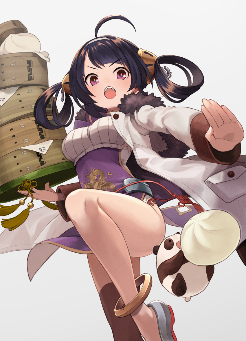 1girl ahoge anklet azur_lane baozi bare_legs black_hair breasts chinese_clothes dragon_print fighting_stance food fur_collar grey_background hair_ornament hair_rings highres holding jacket jewelry leg_up looking_at_viewer medium_breasts ning_hai_(azur_lane) open_mouth panda pocket simple_background single_thighhigh solo tassel thigh-highs tray violet_eyes white_hair white_jacket yuko_(uc_yuk)