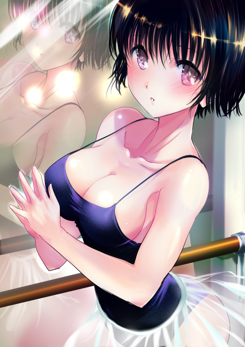 1girl absurdres arched_back bangs bare_arms bare_shoulders black_hair black_leotard breasts cleavage collarbone cowboy_shot highres indoors leotard medium_breasts ogata_tei original own_hands_together parted_lips pink_eyes reflection see-through shiny shiny_hair short_hair skirt sleeveless smile solo spaghetti_strap standing strap_gap tareme white_skirt