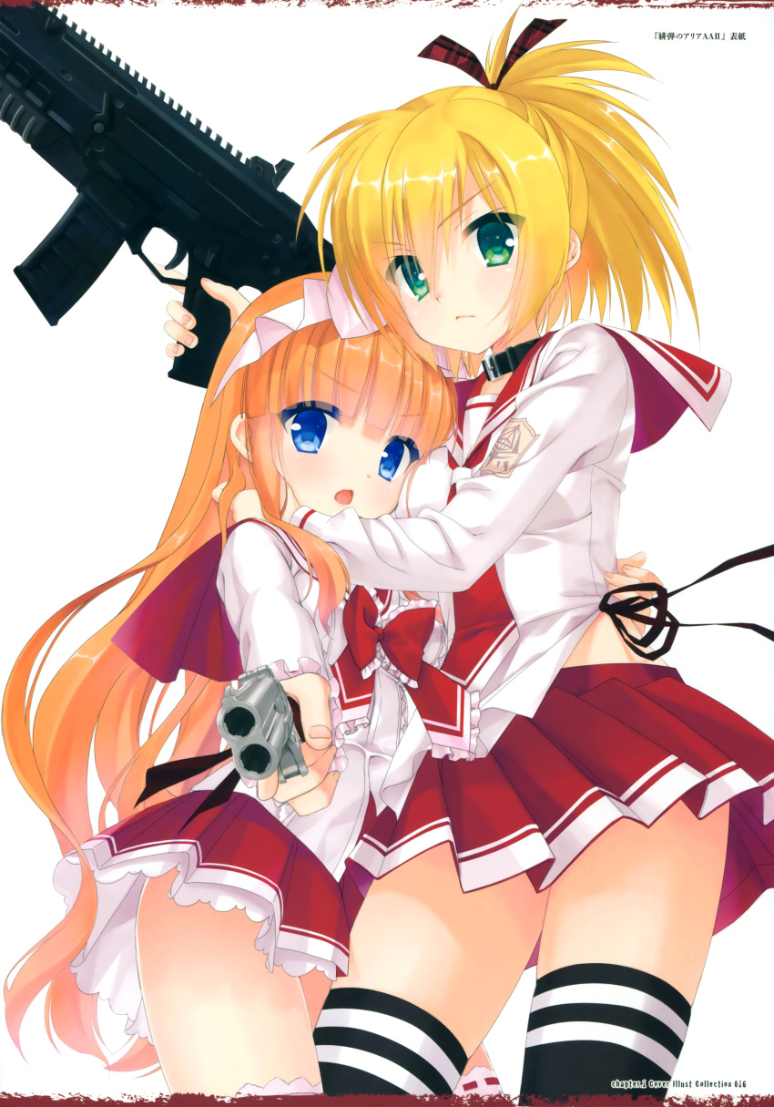 2girls absurdres assault_rifle bangs black_legwear blonde_hair blue_eyes bow bowtie collar eyebrows_visible_through_hair fingerless_gloves gloves green_eyes gun hair_bow hidan_no_aria hidan_no_aria_aa highres hino_raika holding holding_weapon kobuichi long_hair long_sleeves looking_at_viewer miniskirt multiple_girls official_art open_mouth orange_hair pleated_skirt rifle scan school_uniform serafuku shima_kirin simple_background skirt striped striped_legwear thigh-highs translation_request trigger_discipline weapon white_background zettai_ryouiki