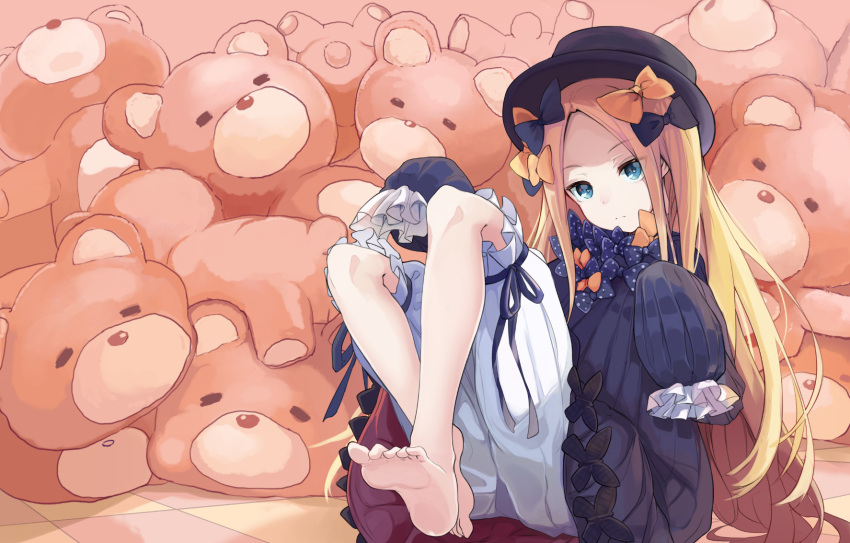 1girl abigail_williams_(fate/grand_order) bangs barefoot black_bow black_dress black_hat blonde_hair bloomers blue_eyes bow butterfly closed_mouth commentary_request date_(mamanonamaebot) dress fate/grand_order fate_(series) feet forehead hair_bow hat head_tilt highres long_sleeves looking_at_viewer orange_bow parted_bangs polka_dot polka_dot_bow sitting sleeves_past_wrists soles solo stuffed_animal stuffed_toy teddy_bear underwear white_bloomers