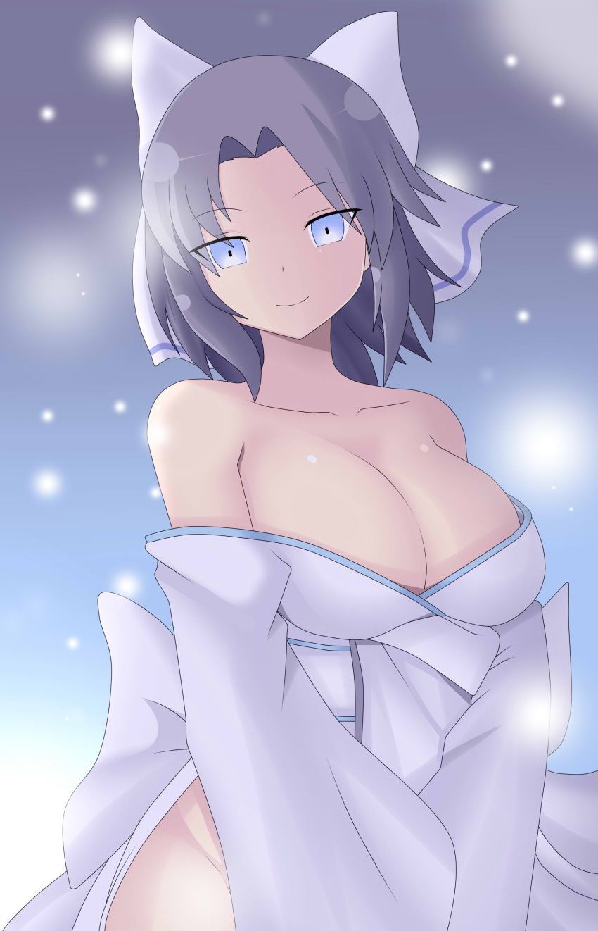 1girl absurdres bare_shoulders blue_eyes bow breasts closed_mouth collarbone dmayaichi grey_hair hair_bow highres japanese_clothes kimono large_breasts looking_at_viewer medium_hair no_panties obi off-shoulder_kimono parted_lips sash senran_kagura smile snowflakes solo striped striped_bow white_kimono yumi_(senran_kagura)